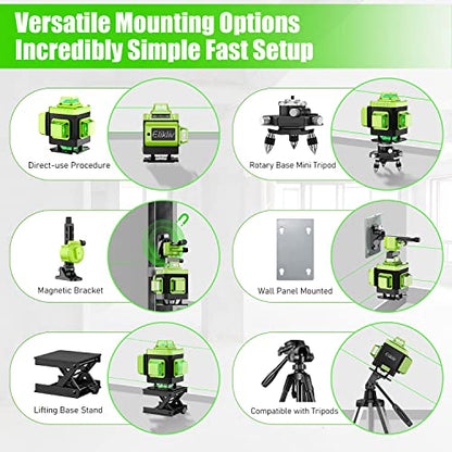 Laser Level Self Leveling - Elikliv 200ft Outdoor Robust Indoors 4D Green Cross Line Laser Level 4x360 Horizontal Vertical Dual-beam Lasers for DIY - WoodArtSupply