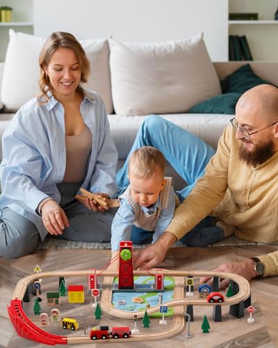 SainSmart Jr. Wooden Train Set for Toddler, 78 PCS Wood Train Track with 4 Cars Fits Brio, Thomas, Melissa and Doug, Gift Packed Toy Railway Kit for SainSmart Jr.