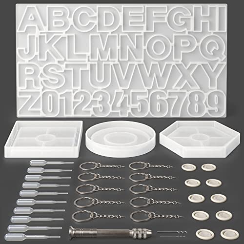 Arteza Resin Keychain Molds and Accessories, 37-Piece Kit, Numbers and Alphabet Silicone Molds, Keychain Rings, Finger Tabs, Pipettes, Drilling Tool ARTEZA
