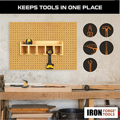 Iron Forge Tools Compact Power Tool Organizer - Fully Assembled Wood Drill Storage Rack and 5 Drill Charging Station - Great Workshop Organization