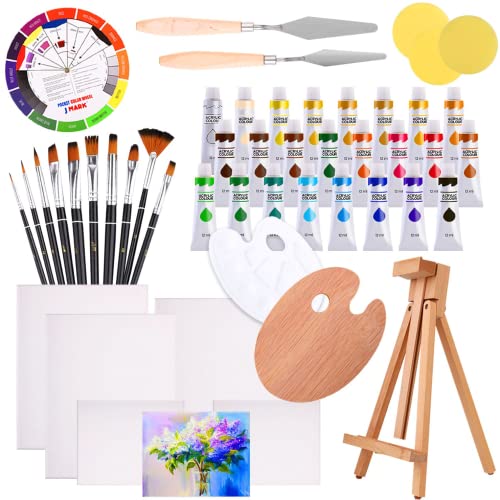 J MARK 48pc Deluxe Painting Kits for Adults - Includes Adjustable Wood Easel, Thick Canvases, Acrylic Paints, Brushes Set,Wooden and Plastic