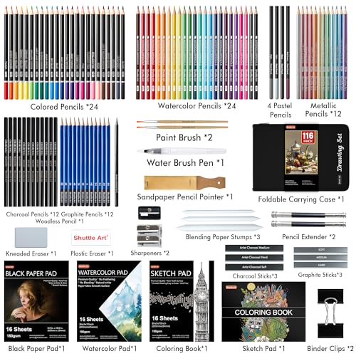 Shuttle Art 116 PCS Drawing Kit, Complete Drawing Supplies with Sketch Pencils, Colored Pencils, Graphite, Charcoal Sticks, Professional Drawing - WoodArtSupply