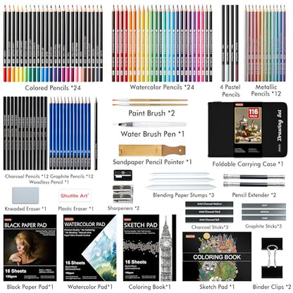 Shuttle Art 116 PCS Drawing Kit, Complete Drawing Supplies with Sketch Pencils, Colored Pencils, Graphite, Charcoal Sticks, Professional Drawing