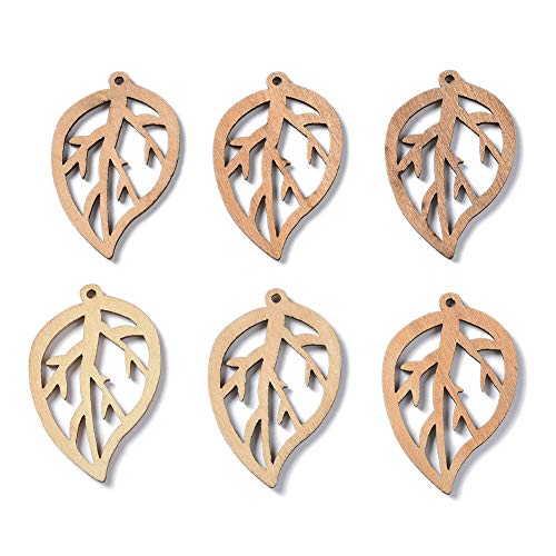Pandahall 20Pcs Hollow Leaf Natural Wood Beads Pendants 45x28.5x2mm Unfinished Large Leaf Dangle Charms with Loop for Earring Bracelet Necklace PH PandaHall