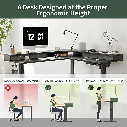 FEZIBO 63" L Shaped Standing Desk with 4 Drawers, Electric Standing Gaming Desk Adjustable Height, Corner Stand up Desk with Splice Board, Black