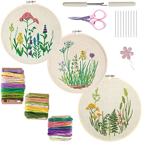 Bonroy Embroidery Kit for Beginners, 3 Sets Embroidery Kit for Craft Lover Handy Stitch with Embroidery Fabric with Pattern,Full Range Accessories Bonroy