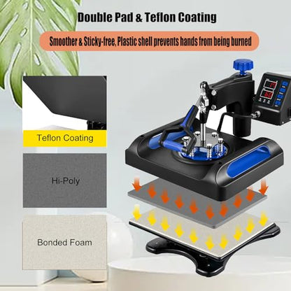 Heat Press Machine 15x15in, Assemble 5 in 1, Fast-Heating, 360 Swing Away, Digital Control Multifunction Sublimation Combo, Blue - WoodArtSupply