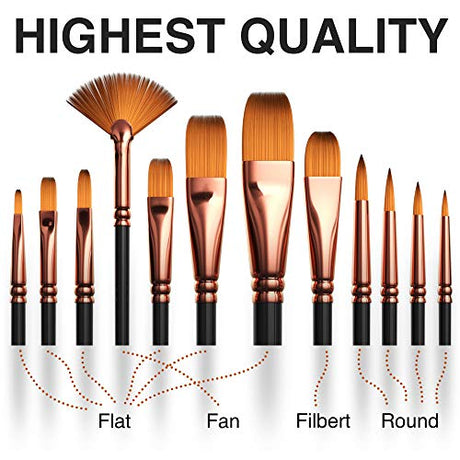 Professional Artist Paint Brush Set of 12 - Painting Brushes Kit for Kids, Adults Fabulous for Canvas, Watercolor & Fabric - for Beginners and Benicci