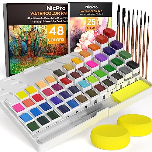 Nicpro 48 Colors Watercolor Paint Set with 8PCS Squirrel Painting Brushes, 25 Sheet Water Color Paper, 2 Water Brush Pens, Palette, Sponge, Art - WoodArtSupply