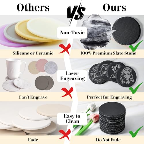 MAPRIAL 48 PCS Slate Coasters Bulk, 4 Inch Black Coasters for Drinks, 24 PCS Natural Square Slate Coasters and Round Stone Coasters for Coffee, MAPRIAL