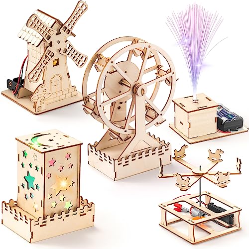 5 In 1 STEM Projects for Kids Age 8-12, Wood Building Kits, STEM Kit for Kids Ages 8-10 10-12, Model Craft Kits for Boys 6-8, 3D Wooden Puzzles