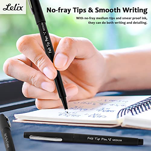 Lelix Felt Tip Pens, 15 Black Pens, 0.7mm Medium Point Felt Pens, Felt Tip Markers Pens for Journaling, Writing, Note Taking, Planner, Perfect for Lelix