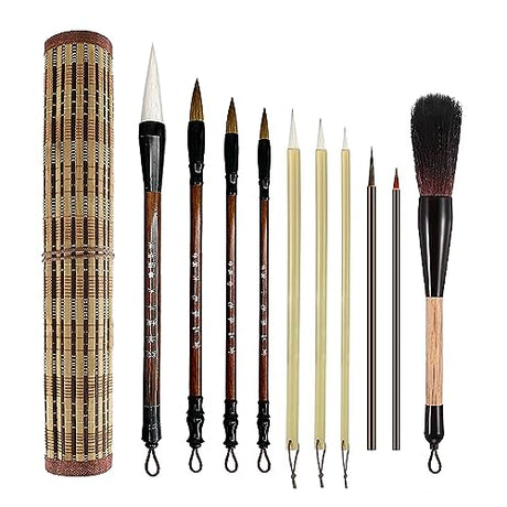 SEAMEW 10-Piece Chinese Calligraphy Brush Set - Premium Watercolor Brushes for Kanji, Japanese Sumi, Painting, Drawing, Art Supplies with Roll-up SEAMEW