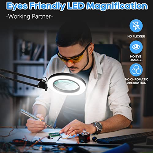 10X Magnifying Glass Lamp, Adjustable Swing Arm 72 LEDs Real Glass Lens Magnifier Light,3 Color Modes 10 Stepless Dimmable,Perfect for Daily Baoomalongly