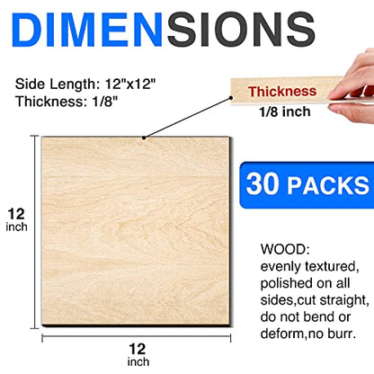 30 Pack Basswood Sheets 12"x12"x1/8", 3mm Basswood for Laser Cutting, Thin Plywood Board Unfinished Wood for Crafts, DIY Architectural Models Making,