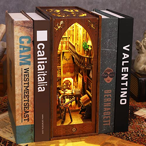 3D Wooden Puzzle Bookends, DIY Book Nook Kit, Magic Book House Model Building Kit Insert Decor with Sensor Light, Stand Bookshelf for Home Decorative