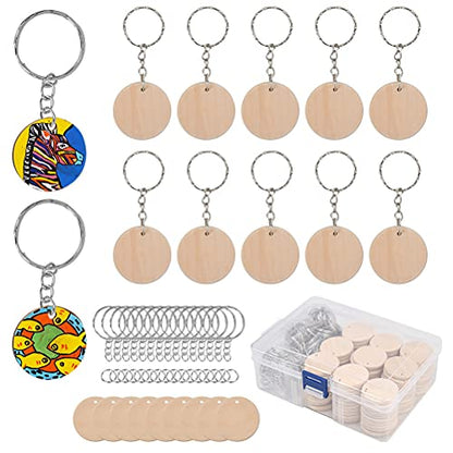 BUYGOO 100Pcs Blank Round-Shaped Wooden Keychain Set, 1.5 inch Unfinished Discs Wooden Circles with 100Pcs Key Rings Personalized Wood Keychain Key