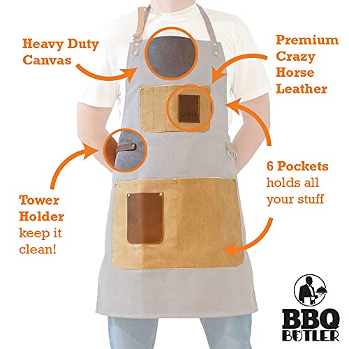 BBQ Butler Grill Apron - Adjustable Canvas Cooking Apron - XXL - Heavy Duty Smoker Apron - Grey BBQ Butler