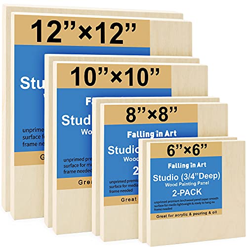 Unfinished Birch Wood Canvas Panels Kit, Falling in Art 8 Pack of 4 Sizes Studio 3/4’’ Deep Cradle Boards for Pouring Art, Crafts, Painting, and More Falling in Art