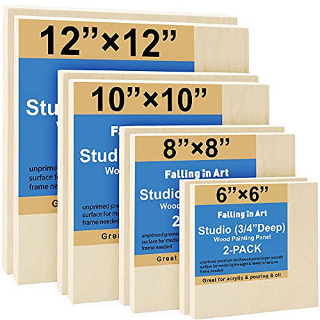 Unfinished Birch Wood Canvas Panels Kit, Falling in Art 8 Pack of 4 Sizes Studio 3/4’’ Deep Cradle Boards for Pouring Art, Crafts, Painting, and More Falling in Art
