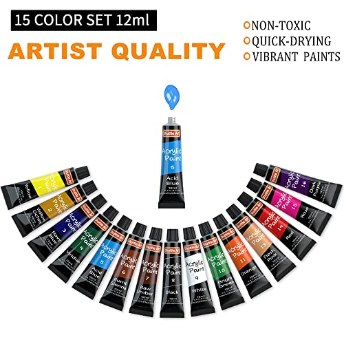 Shuttle Art Acrylic Paint Set, 15 x 12ml Tubes Artist Quality Non Toxic Rich Pigments Colors Perfect for Kids Adults Beginners Artists Painting on Shuttle Art
