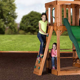 Backyard Discovery Hillcrest All Cedar Wooden Swing Set, Upper Covered Fort, Lower Playhouse, Picnic Area, Sandbox, Step Ladder, 10 ft Wave Slide, Backyard Discovery