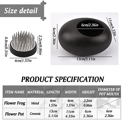 WANDIC Flower Arrangement Vase Kit, Black Pebble Ceramic Planter Pot with 4cm Kenzan Flower Frog Pottery Floral Arranging Pin Needle Holder for Desk WANDIC