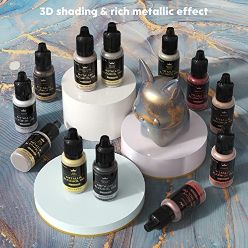 Metallic Alcohol Ink Set - 12 Metal Color Alcohol-Based Resin Inks, High Concentrated Extreme Shimmer with Gemstone Mixatives for Epoxy Resin Petri