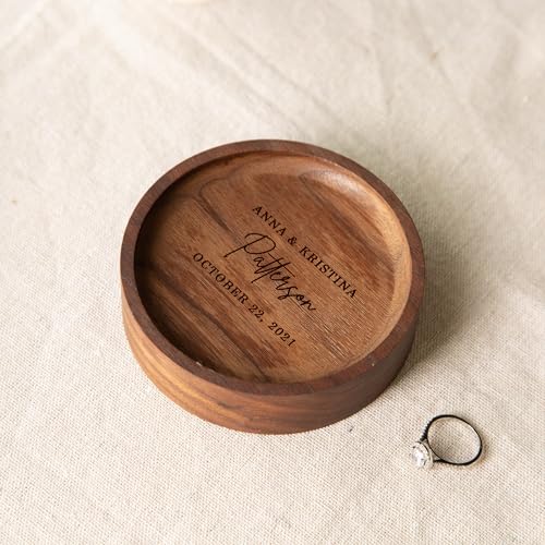 MUUJEE Personalized Walnut Wood Round Ring Tray Dish Jewelry Organizer for Small Items Bracelets Christmas Holiday Engagement Anniversary Wedding - WoodArtSupply