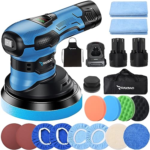 RAYBAO Cordless Polisher, Cordless Buffer Polisher with 2pcs 12V/2.0Ah Batteries, Random Orbital Polisher with LED Display, Variable Speed - WoodArtSupply