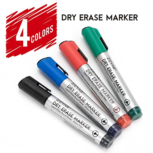 ZEYAR Dry Erase Marker Low-Odor Bullet Tip, Ultra-Large Capacity, Advanced Direct Flow Structure, Whiteboard Marker for School, Office, Home, 4 Count ZEYAR