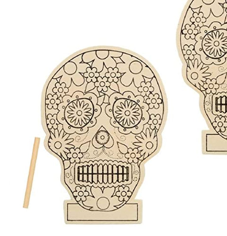 Factory Direct Craft Set of 6 Day of The Dead Sugar Skull Ready-to-Color Wood Craft Kits | Stand Up Skull Shapes for Dia de Los Muertos | Size: Factory Direct Craft