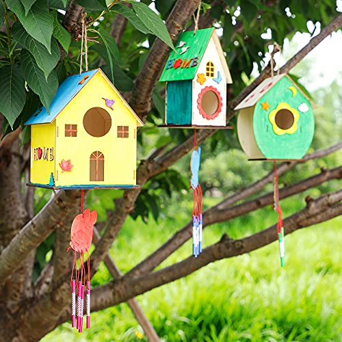 Lifynste 3 Pack Bird Houses for Outside, DIY Bird House Wind Chime Kit, Bird House Kits for Children to Build, Wooden Bird Houses to Paint, Wooden