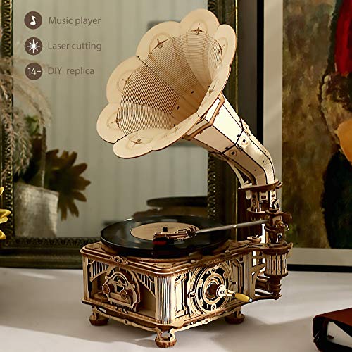 ROKR 3D Wooden Puzzles Gramophone for Adults - DIY Mechanical Model Kit 1:1 Replica Record Player Support 7"/10" Vinyl Premium Gift Hobbies for - WoodArtSupply