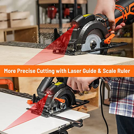 DOVAMAN Circular Saw, 5.8A 4-1/2" Circular Saw w/Laser, Metal Auxiliary Handle, 6 Saw Blades (4½", 4¾"), Cutting Depth 1-11/16" (90°), 1-3/8" (45°), DOVAMAN
