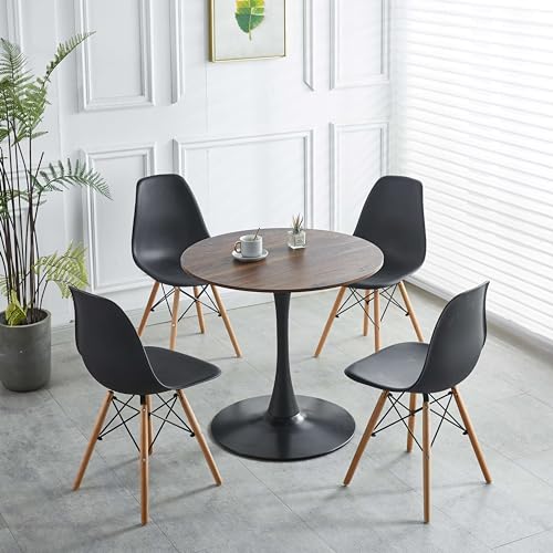 yotomaki 31.5" Round Dining Table with Natural Wood Table Top,Mid-Century Black and Walnut Tulip Table, Pedestal Base Table for 2-4 Person yotomaki