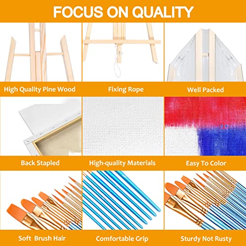 Easel & Canvas Sets 52 Pcs Painting Supplies(4 PCS Easels+4 PCS Canvases+ 40 PCS Brushes+4 PCS Palettes)16 Inch Tabletop Easel Wooden Art Easel for ZaHi
