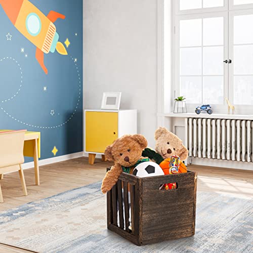 Yarlung Wood Storage Bin Cube Wood Crate with Handles, Rustic Brown Decorative Box Books Toys Shelf Basket Organizer for Closet, Bookcase, Workroom,