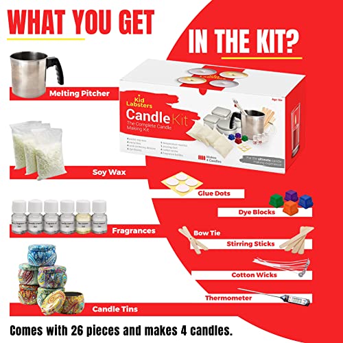 kid labsters - DIY Candle Making Kit for Adults & Kids - Beginner Soy Candle Making kit Includes Soy Wax, Scents, Wicks, Dyes, Tins, Melting Pot to kid labsters