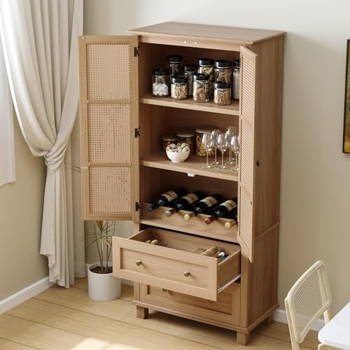 FOTOSOK Kitchen Pantry Storage Cabinet, Tall Cabinet with Rattan Doors and 2 Drawers, Freestanding Cupboard with Adjustable Shelves, Utility Pantry