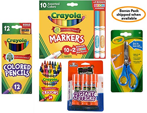 Basic Crayola Back to School Bundle - 5 Items - Crayola Crayons, Crayola Markers, Crayola Colored Pencils, Elmer's Glue Sticks and Child Scissors - WoodArtSupply