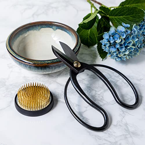 Wazakura Made in Japan Ikebana Floral Arrangement Kit. Koryu Scissors, Brass Kenzan, Minoyaki White & Blue Ceramic Flower Vase (Koryu, White & Blue Wazakura