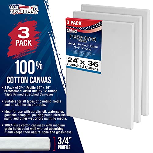 U.S. Art Supply 24 x 36 inch Stretched Canvas 12-Ounce Triple Primed, 3-Pack - Professional Artist Quality White Blank 3/4" Profile, 100% Cotton, - WoodArtSupply