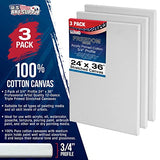 U.S. Art Supply 24 x 36 inch Stretched Canvas 12-Ounce Triple Primed, 3-Pack - Professional Artist Quality White Blank 3/4" Profile, 100% Cotton, U.S. Art Supply