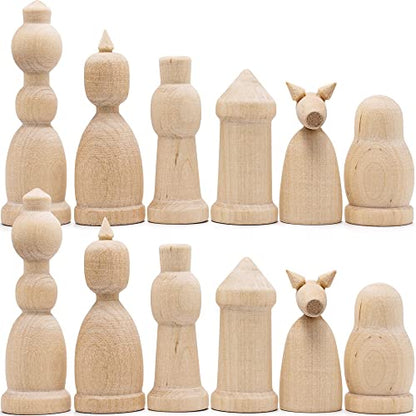 Unfinished Wood Chess Pieces Only Set of 32 pcs - Paint Your Own Chess Set - Blank Chess Sets for DIY- Wooden Peg Dolls Unfinished for Arts and