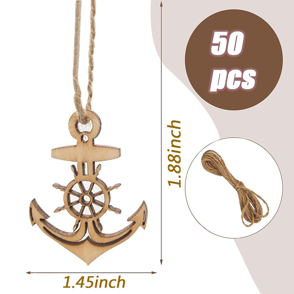 50 pcs Anchor Rudder Wooden Cutouts for Crafts, Unfinished Wood Ornaments DIY Wood Slices with Holes for Ocean Themed Party Kids Crafts Scrapbooking SSYHQAX