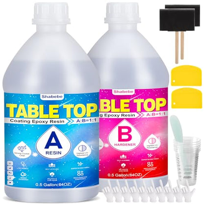 Shabebe Table Top Epoxy Resin 1 Gallon, Super Gloss & Crystal Clear Epoxy Resin Kit with UV Resistant & Self Leveling, Non Toxic Food Safe for River - WoodArtSupply