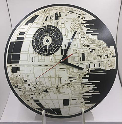 Death Star Star Wars Wall Hang Clock, 13 inch face, Handmade from Wood Attached to a Hard Stock Backing - WoodArtSupply