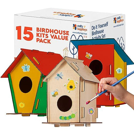 15 DIY Bird House Kits For Children to Build - Wood Birdhouse Kits For Kids to Paint - Unfinished Wood Bird Houses to Paint for Kids - Wood Craft CRAFTY HAPPITOYS