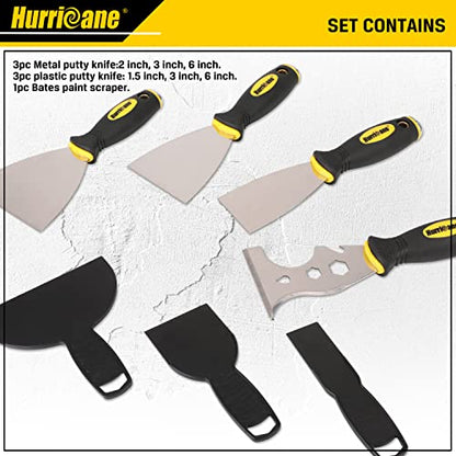 HURRICANE 7pc Putty Knife Set, Spackle Knife, Paint Scraper, 3 Metal Putty Knife Scrapers,1 Multi-Use Knife,3 Plastic Putty Scrapers, for Repairing